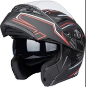 KC 902 Full Face Çene Açılır Güneş Vizörlü Motosiklet Kaskı L Beden Siyah Kırmızı Karbon - 1