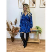 Lucky Life Kadın Uzun Kollu Kruvaze Yaka Belden Kuşaklı Leopar Desenli Dalgıç Elbise - 6