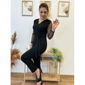 Krep Kumaş Kol Tül Puan Detaylı Kuşaklı Tulum 141 Cm - 5