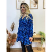 Lucky Life Kadın Uzun Kollu Kruvaze Yaka Belden Kuşaklı Leopar Desenli Dalgıç Elbise - 2
