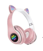 P33m Kart Girişli FM Radyolu  Led Işıklı Kablosuz ve Kablolu Bluetooth Kedi Kulaklık 5.0V - 3