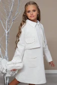 Kız Çocuk Blazer Ceketli Bebe Yaka Sıfır Kol Triko Beyaz Elbise thumbnail 6