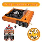 Taşınabilir Portatif Kamp Ocağı Tek Gözlü Turuncu Renk 3 Adet Kartuşlu Set Gezi Piknik Ocak thumbnail 1