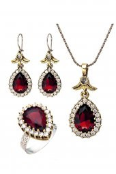 Kırmızı Lal Yakut Taşlı Hürrem Sultan Damla Otantik Gümüş Üçlü Kadın Seti Ayarlanabilir Yüzük - 1