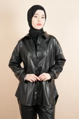 Bayan Deri Gömlek Tek Cepli Düğmeli Gömlek Siyah - 4