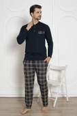 Alimer Erkek Ekose Desen Likralı Pamuk Uzun Kol Kışlık İnterlok Göğüs Cepli Pijama Takımı - 9