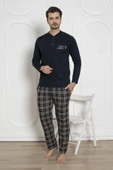 Alimer Erkek Ekose Desen Likralı Pamuk Uzun Kol Kışlık İnterlok Göğüs Cepli Pijama Takımı - 8