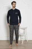 Alimer Erkek Ekose Desen Likralı Pamuk Uzun Kol Kışlık İnterlok Göğüs Cepli Pijama Takımı - 7