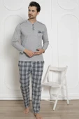 Alimer Erkek Ekose Desen Likralı Pamuk Uzun Kol Kışlık İnterlok Göğüs Cepli Pijama Takımı - 11