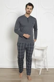 Alimer Erkek Ekose Desen Likralı Pamuk Uzun Kol Kışlık İnterlok Göğüs Cepli Pijama Takımı - 3