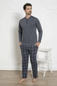 Alimer Erkek Ekose Desen Likralı Pamuk Uzun Kol Kışlık İnterlok Göğüs Cepli Pijama Takımı - 2
