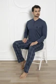 Alimer Erkek Ekose Desen Likralı Pamuk Uzun Kol Kışlık İnterlok Göğüs Cepli Pijama Takımı - 6