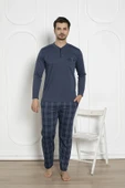 Alimer Erkek Ekose Desen Likralı Pamuk Uzun Kol Kışlık İnterlok Göğüs Cepli Pijama Takımı - 4