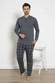Alimer Erkek Ekose Desen Likralı Pamuk Uzun Kol Kışlık İnterlok Göğüs Cepli Pijama Takımı - 1