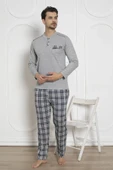 Alimer Erkek Ekose Desen Likralı Pamuk Uzun Kol Kışlık İnterlok Göğüs Cepli Pijama Takımı - 10