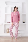 Ekoseli Kadın Pijama Takımı - 3 Düğmeli Uzun Kollu Likralı Penye Cepli Alt - 7