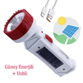 Güneş Enerjili Şarjlı Solar 2 Ledli El Feneri Usb Şarj Kamp Avcı Lambası Gece Lamba - 1
