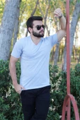 Erkek Gri Slim Fit Düz Basic Kısa Kollu V Yaka İnce Tişört 20ETSHBSIC - 1