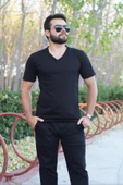 Erkek Siyah Slim Fit Düz Basic Kısa Kollu V Yaka İnce Tişört 20ETSHBSIC - 7