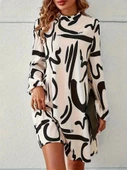 Kadın Uzun Kollu Yarı Balıkçı Yaka Desenli Kısa Dalgıç Elbise thumbnail 1