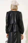 Fırfırlı Önü Bağcıklı Deri Bluz Siyah thumbnail 3