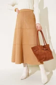 Fermuarlı Süet Kloş Etek Camel thumbnail 2