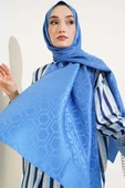 Geometrik Motifli Jakar Şal Mavi thumbnail 2