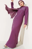 Önü Boydan Taşlı Büyük Beden Elbise Magenta thumbnail 1