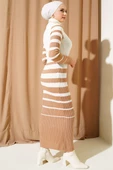 Boğazlı Çizgili Fitilli Triko Elbise Büsküvi - 3