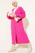 Boydan Düğmeli Sepet Örgü Uzun Hırka Fuşya thumbnail 1