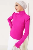 Omuz Fırfırlı Fitilli Triko Kazak Fuşya thumbnail 2