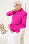 Omuz Fırfırlı Fitilli Triko Kazak Fuşya thumbnail 1
