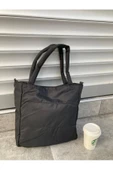 Kadın Siyah Kabartmalı Puf Kumaş Shopper Çanta thumbnail 1