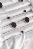 Pirinç Gold Renk Siyah Renk Oval Siyah Küp Detay Kadın Kolye - EBJ241221W30092 thumbnail 1