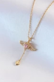 Celira Çelik Gold Renk Kanatlı Kalp Model Zirkon Kolye - 1
