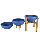 Bitki Tasarımı Ev Dekorasyon Lacivert Granit Aranjman Sunumluk Toprak Saksı Üçlü Set 20 Cm Çap - 4