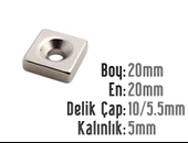 Neodyum Mıknatıs Köşeli Havşalı 20x20mm (delik 10/5.5mm) Kalıklık 5mm 2 Adet - 1