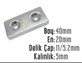 Neodyum Mıknatıs Köşeli Havşalı 40x20mm (delik 11/5.2mm) Kalıklık 5mm 1 Adet - 1