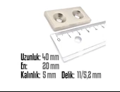Neodyum Mıknatıs Köşeli Havşalı 40x20mm (delik 11/5.2mm) Kalıklık 5mm 1 Adet - 2