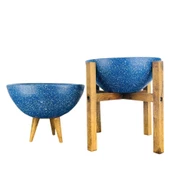 Bitki Tasarımı Ev Dekorasyon Lacivert Granit Aranjman Sunumluk Toprak Saksı 3-4 Ayaklı İkili Set 20 Cm Çap - 1