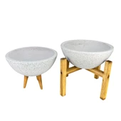 Bitki Tasarımı Ev Dekorasyon Beyaz Granit Aranjman Sunumluk Toprak Saksı 3-4 Ayaklı İkili Set 20 Cm Çap - 4