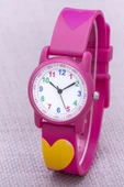 Fuşya Renk Kalpli Kız Çocuk Saati Silikon Kordon Analog Saat Hediyeli ST-304402 - 2