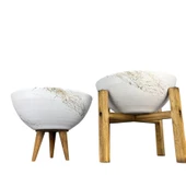 Bitki Tasarımı Ev Dekorasyon Beyaz Üzeri Gold Mermer Efektli Aranjman Sunumluk Toprak Saksı 3-4 Ayaklı İkili Set 20 Cm Çap thumbnail 3