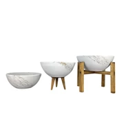 Bitki Tasarımı Ev Dekorasyon Beyaz Üzeri Gold Mermer Efektli Aranjman Sunumluk Toprak Saksı Üçlü Set 20 Cm Çap thumbnail 4