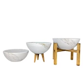 Bitki Tasarımı Ev Dekorasyon Beyaz Üzeri Gold Mermer Efektli Aranjman Sunumluk Toprak Saksı Üçlü Set 20 Cm Çap thumbnail 3