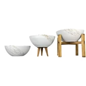 Bitki Tasarımı Ev Dekorasyon Beyaz Üzeri Gold Mermer Efektli Aranjman Sunumluk Toprak Saksı Üçlü Set 20 Cm Çap thumbnail 1