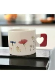 Zarif Çiçekler Baskılı El Yapımı Kırmızı Kalp Kuplu Kupa Bardak / Mug - Çay & Kahve Fincanı - 1