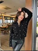Kadın İnci Detaylı Triko Hırka Siyah - 2