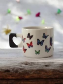 Uçan Kelebekler Baskılı El Yapımı Siyah Kalp Kulplu Kupa Bardak / Mug - Çay & Kahve Fincanı - 5