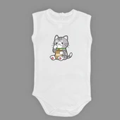 Mama Yiyen Kedi Baskılı Bebek Çıtçıtlı Body Uzun Kısa Kolsuz thumbnail 10
